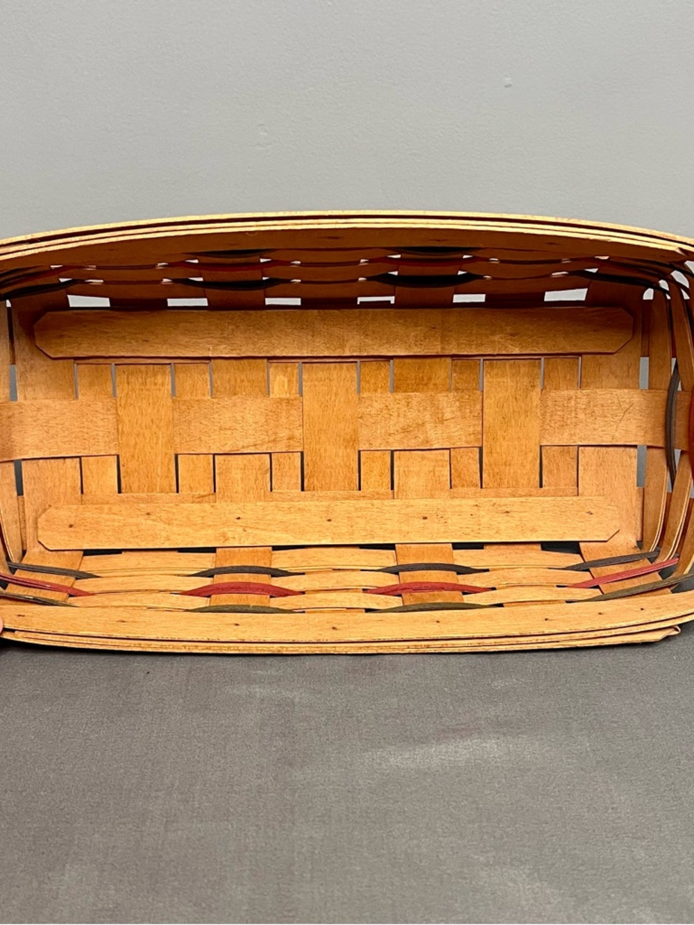 VTG 1992 Longaberger Bread Basket Red/Green/Blue Signed 14.5x7.75x3.75” Country
